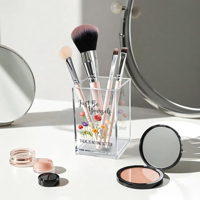 Vgrti Just Be Yourself Acrylic Makeup Brush Organizer Holder, Motivational Vanity Desk Accessories for Bedroom Office, Inspirational Affirmation Quote Gifts for Women Girls Daughter Sister Coworker
