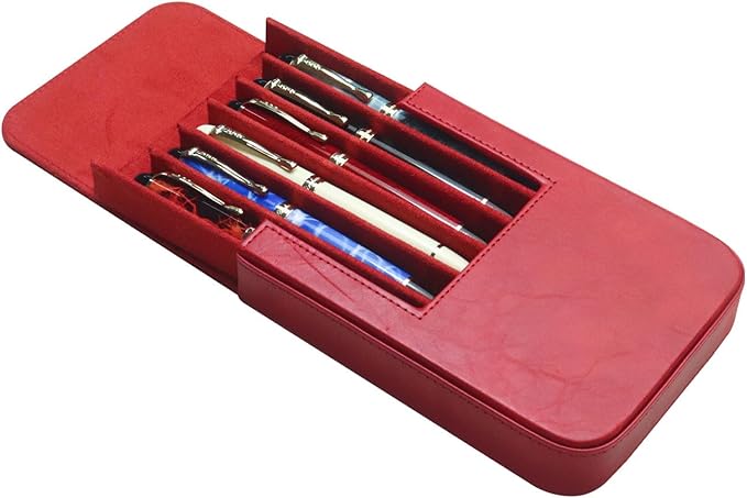 MIVLXLX Leather 6 Fountain Pen/Pencil Tray Case, Handmade, Magnetic Closure with Drawer Design, Gift Choice for Man/Woman/Office, 6 Slots（red）