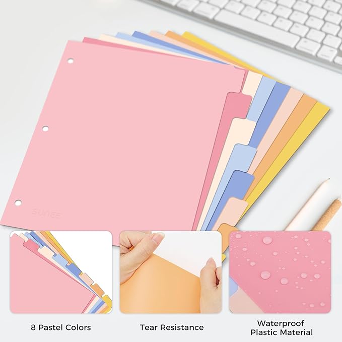 SUNEE 8 Tab Binder Dividers,Plastic Dividers for 3 Ring Binder,3 Ring Binder Dividers with Tabs for School Office Home Supplies,Pastel Color, 2 Set