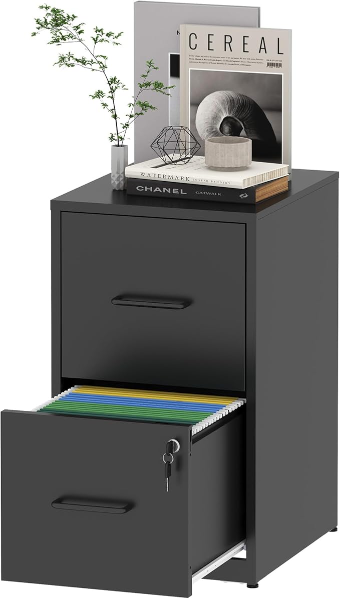 Yukimo 2 Drawer File Cabinet with Lock, Vertical File Cabinet with Lock, Locking File Cabinet Hanging Files for A4/ Legal/Letter, Require Assembly, Black