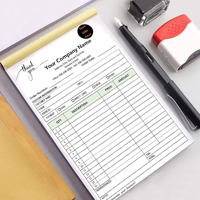 Custom Carbonless Sales Invoice Form Books for Small Business, Personalized NCR 3-Part Receipt Book with Carbon Copies, Cover Add Company Name, Address and Number Printed