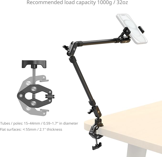 SmallRig 22.4" Magic Arm with Super Clamp, Overhead Phone Mount, Flexible Desk Camera Mount with 1/4" Screw and Cable Clip, Max Load 2.2lb, for iPhone, Action Camera, Video Light, Webcam, Mic - 5625