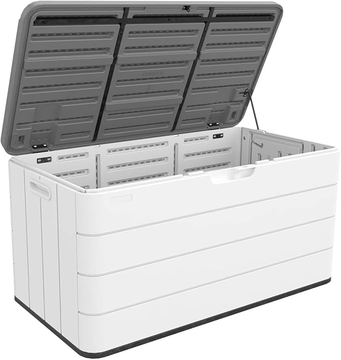 Decksplore 100 Gallon Outdoor Storage Box Waterproof Lockable Resin Deck Box Large, Patio Storage Bin for Pool Accessories Cushion Furniture, Garden Tools, UV-Resistant Outside Delivery Black&White