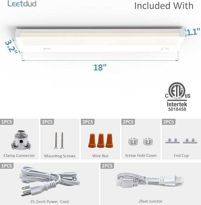 Leetdud LED Under Cabinet Lighting Hardwired or Plug in, 18 Inch 9W, Dimmable 5 Color 2700K/3000K/3500K/4000K/5000K, Linkable Eyes Care Design Counter Lights for Kitchen, Sink, ETL Listed, White
