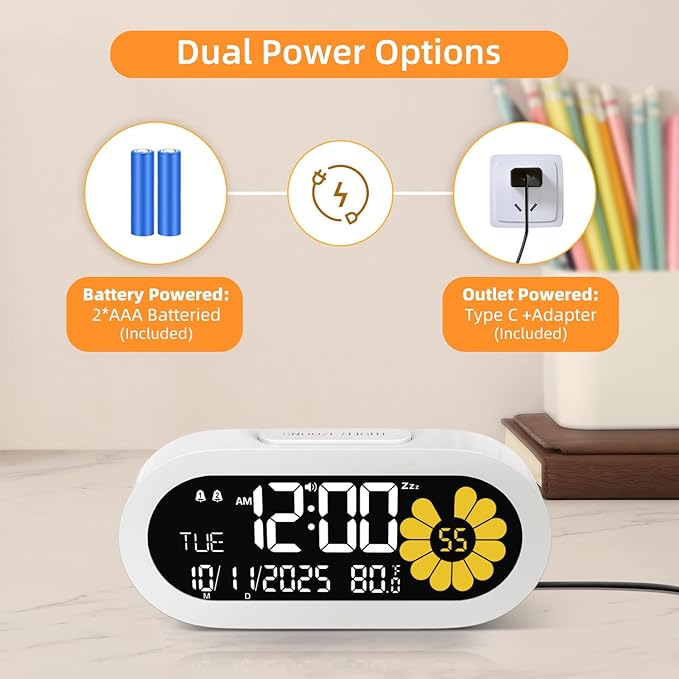 DOOMAY Digital Alarm Clock for Bedroom: Dual Alarm Bedside Clock VA LCD Display with Seconds, 9-Minute Snooze and Weekend Mode, 3 Brightness, 4 Alarms and 3 Volume Levels，Type C & Battery Included