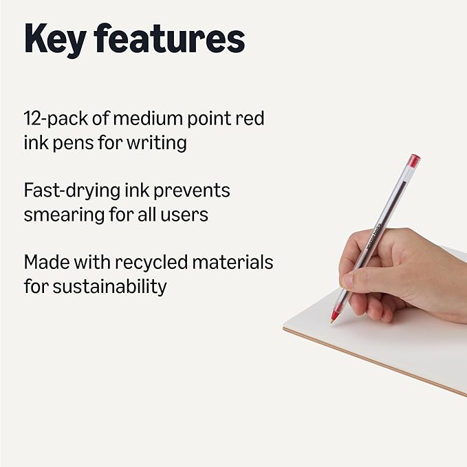 Amazon Basics Ballpoint Pens, 1.0mm, Red, 12 Pack