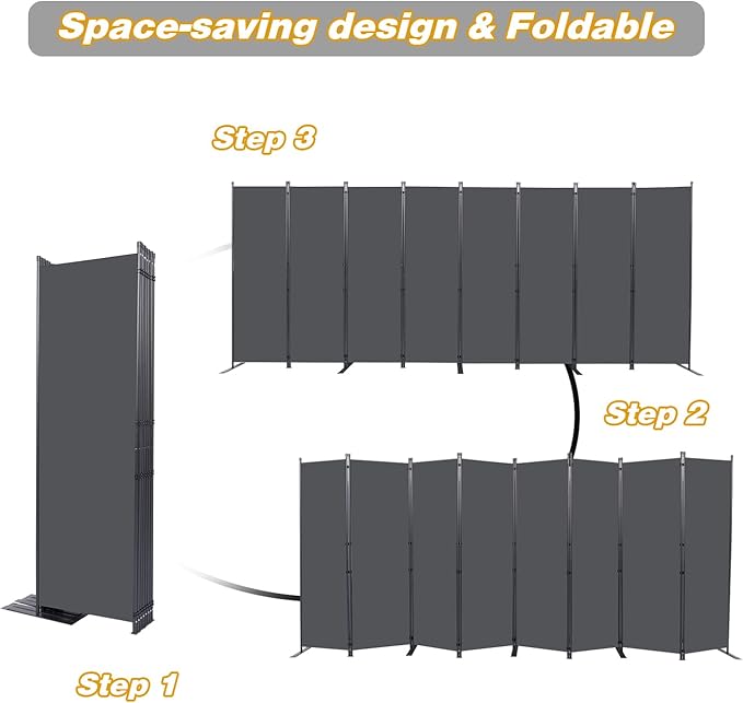 CHOSENM Room Divider, 8 Panel Folding Privacy Screens with Wider Support Feet, 6 Ft Portable Room Partition for Room Separator, 176" W X 71" H, Grey