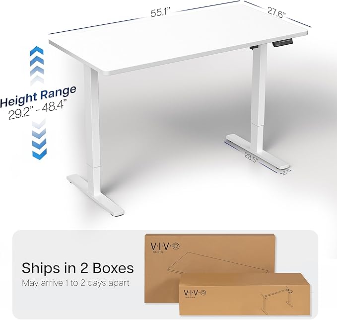 VIVO Electric 55 x 28 in Standing Desk, Memory Height Adjustment, 1B Series, Holds 220 lbs, One-Piece White Top, White Frame, DESK-KIT-1W55W