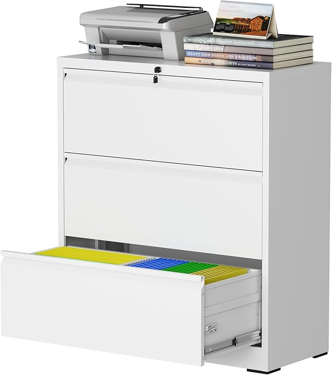 mysteeldepot 3 Drawer Lateral File Cabinet with Lock, Metal File Cabinet, Lateral File Cabinets for Home Office, Heavy Duty File Storage Cabinet for Legal/Letter/A4 Document, Assembly Required, White