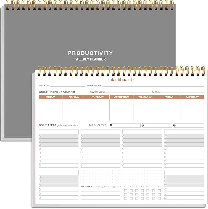 Weekly Productivity Planner - 8.5" x 11" Dashboard Desk Notepad Has 6 Focus Areas to List Tasks for Goals, Projects, Clients, Academic or Meal-Organize Your Daily Work Efficiently, 54 Weeks, Grey
