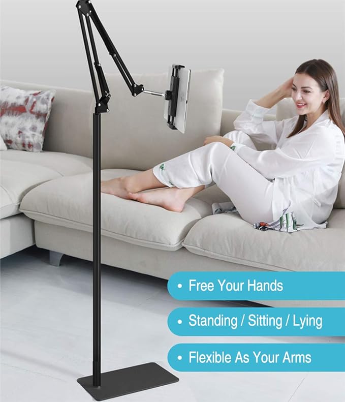 Tablet Floor Stand with 5LB Metal Base, Overhead Bed Phone Stand Angle Height Adjustable Holder, Universal Floor Stand Compatible with iPhone iPad Pro Air Mini, Samsung Tab, Kindle, E-Readers…
