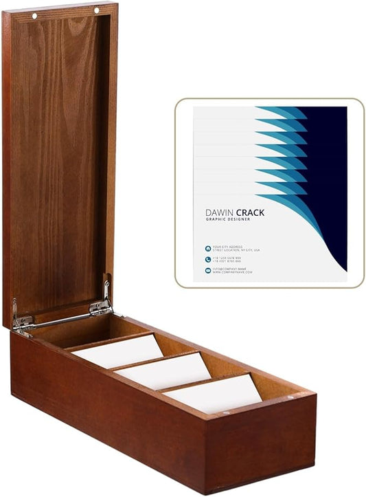 Wooden Business Card Holder, 4-Compartment Card Storage Box, Business Card Organizer, Desktop Divided Index Card Box for Office, Home, 11.1×4.4×3"