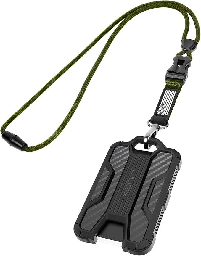 LIUGX Badge Holder with Heavy Duty Breakaway Lanyard, Carbon Fiber-Texture, Durable ID Card Holder (Holds 6 Cards) with Quick Release Detachable Buckle, Metal Clip, American Flag