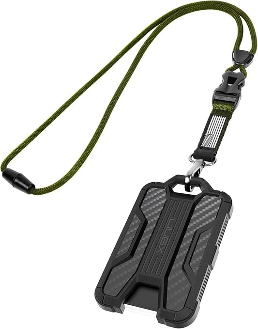 LIUGX Badge Holder with Heavy Duty Breakaway Lanyard, Carbon Fiber-Texture, Durable ID Card Holder (Holds 6 Cards) with Quick Release Detachable Buckle, Metal Clip, American Flag