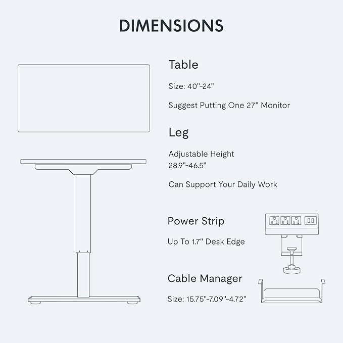 FLEXISPOT EN2 Whole-Piece Standing Desk with Clamp Power Strip, 40 x 24'' Electric Stand Up Height Adjustable Desk with Cable Management (Black Frame + 40" Black Top)