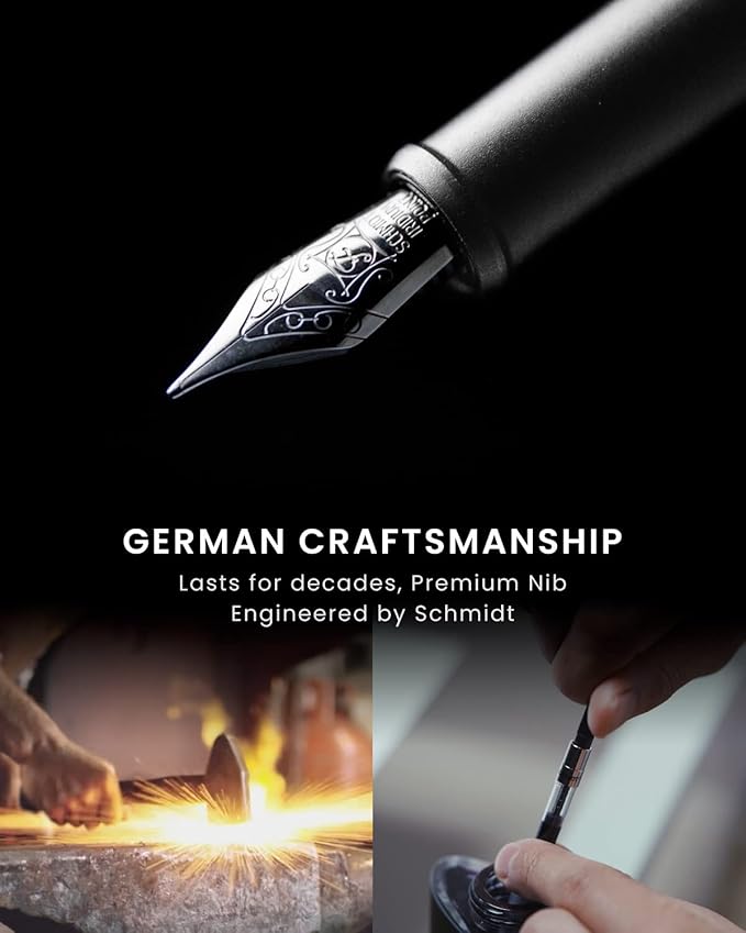 novium Hoverpen Future - Luxury Fountain Pen, Schmidt Nib (Fine), Converter, Extra Refill, Futuristic Aesthetic, Aerospace Metal, Best Pen Gift Set for Men & Women (Frost Silver)