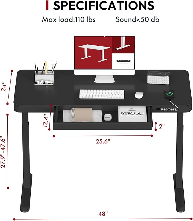 SANODESK Standing Desk with Drawer, Electric Height Adjustable Home Office Desk with Storage & USB Ports, 48 inch Black Wood Tabletop/White Frame