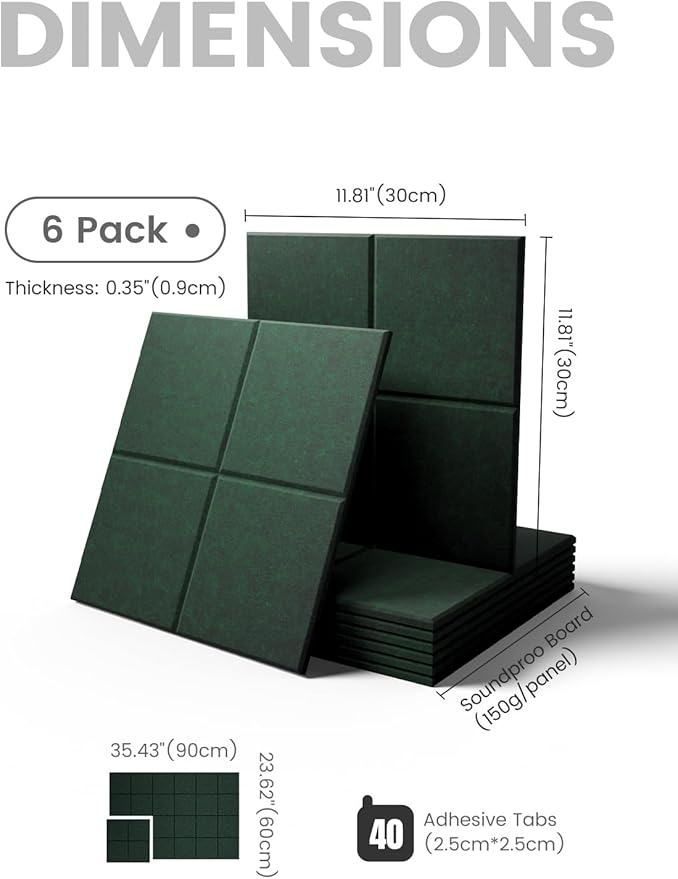 Large Felt Bulletin Board 36"x24", 6-Pack 4-Compartment Wall Organizer, Cork Board Alternative with 60 Removable Adhesive Tabs, Modular Felt Panels for Home Office, Classroom and Study-Pine Green