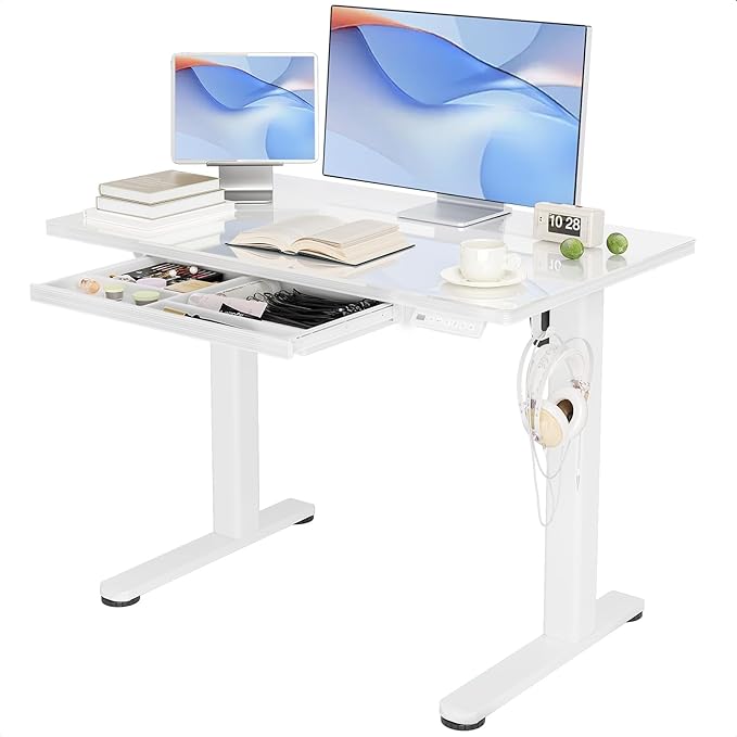 INNOVAR Glass Standing Desk with Drawers, 40 x 24 Inches Electric Height Adjustable Desk, Tempered Glass Top Stand Up Desks for Home and Office, White