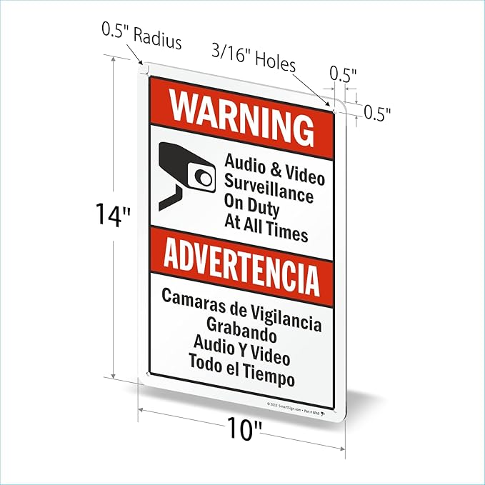 SmartSign 14 x 10 inch “Warning - Audio & Video Surveillance On Duty At All Times” Bilingual Sign, Digitally Printed, 55 mil HDPE Plastic, Red, Black and White, Made in USA