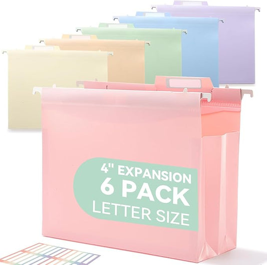 SortRax Plastic High Capacity Hanging File Folders, Pastel Colors, 4" Expanding Pocket with Movable Dividers, Heavy Duty for Filing Cabinet, Insertable Tabs, Letter Size - 6 Pack