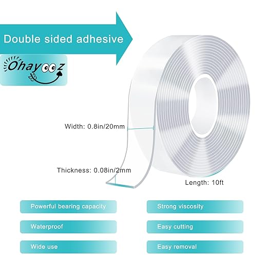 Ohayooz® Extra Strong Double Sided Tape Heavy Duty Removable 50FT, Clear Sticky Adhesive Nano Tape Tough Washable Waterproof Mounting Tape for Hanging Picture, Poster, Carpet, Photo Deco, Pack of 5