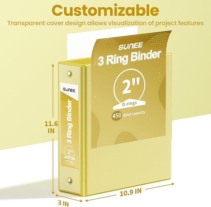SUNEE 3 Ring Binder 2 Inch 1 Pack, Clear View Binder Three Ring PVC-Free (Fit 8.5x11 Inches) for School or Office Supplies, Yellow