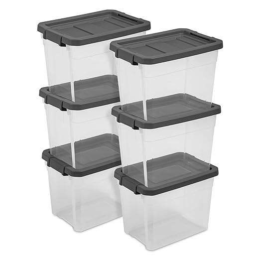 Sterilite 24-Pack Modular Stacker Box, Durable Clear Plastic Storage Bins with Latching Lids, 30 Quart - Stackable Organizing Container Boxes for Closet, Bathroom, and Office