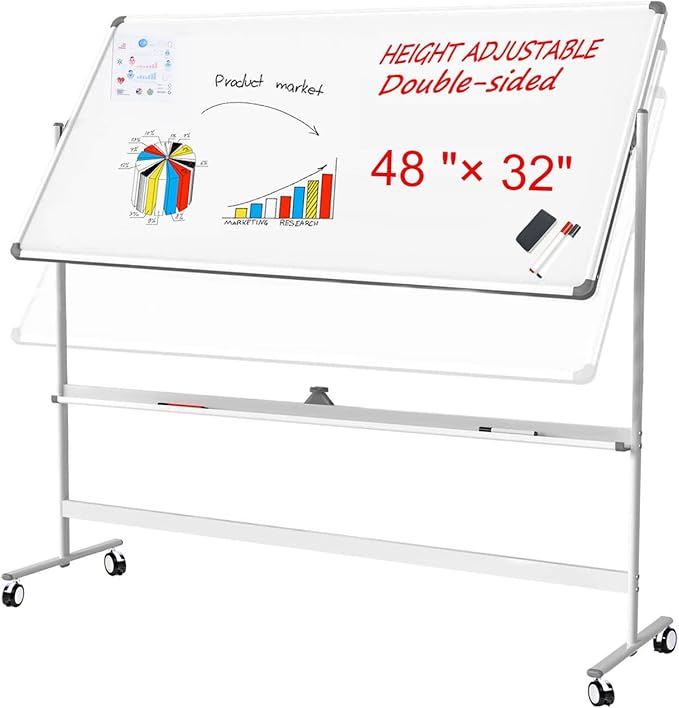 Adjustable Magnetic Mobile Dry Erase Board -48 x 32 Inches Whiteboard Stand with Easel, Lockable Rolling Stand - Double-Sided 80 ×120CM White