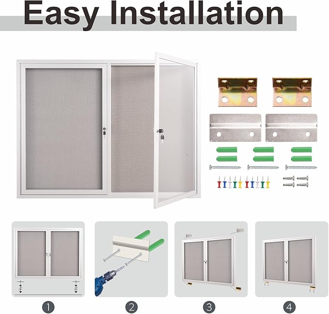 48x36 Inch Lockable Enclosed Bulletin Board, Weather-Resistant Outdoor Noticeboard with 2 Locking Doors, Wall-Mounted Silver Aluminum Frame & Grey Felt Presentation Board