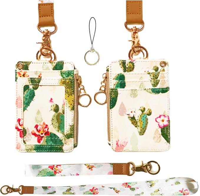 Lanyard Wallet,Wallet Lanyard,lanyards for id Badges,lanyards for id Badges for Women,Lanyard Wallet for Women,Fashion Badge Holder with Zipper（Cactus）