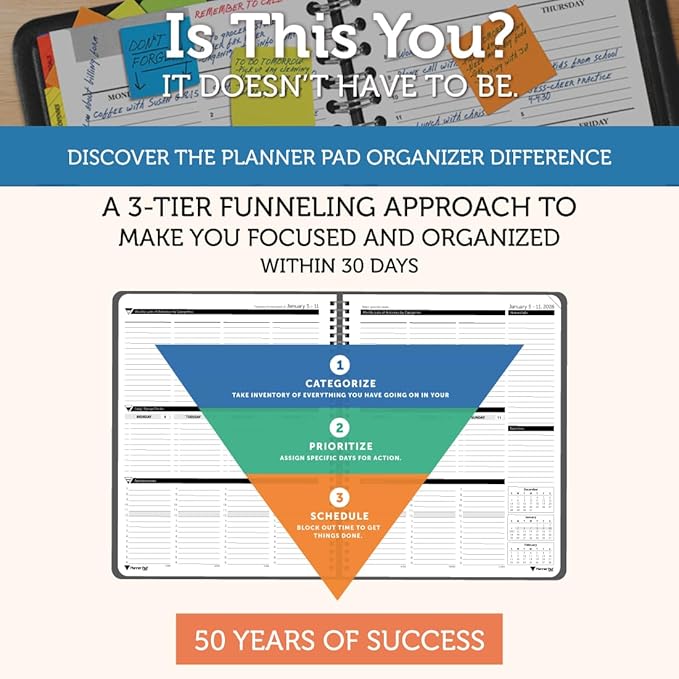 Planner Pad Spiral Bound January-December 2026/ Calendar Year 8 1/2" x 11" Large 3-Tier Funnel Down 12 Month Organizer, Black Cover/Black Ink