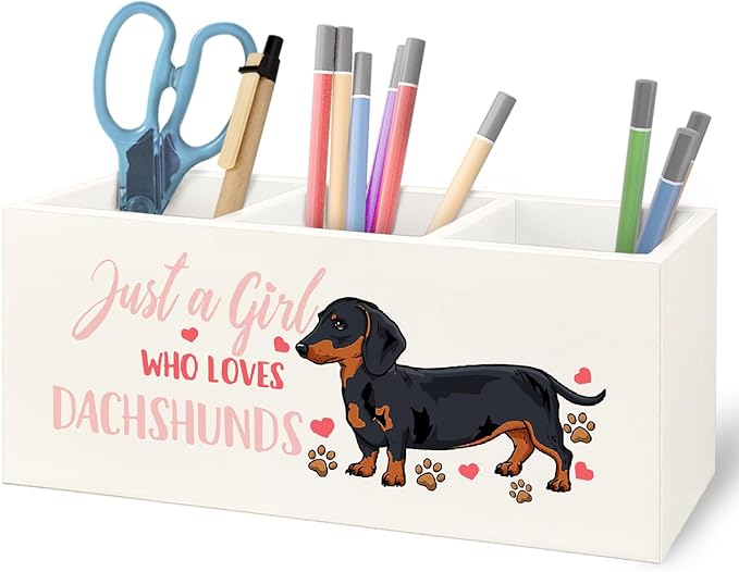 URLLUAE Dachshund Lover Gifts for Women Girls Wooden Pen Pencil Holder for Office Desk Accessories, Just a Girl Who Loves Dachshund Makeup Brush Toothbrush Holder Organizer for Bathroom