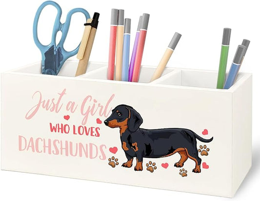 URLLUAE Dachshund Lover Gifts for Women Girls Wooden Pen Pencil Holder for Office Desk Accessories, Just a Girl Who Loves Dachshund Makeup Brush Toothbrush Holder Organizer for Bathroom