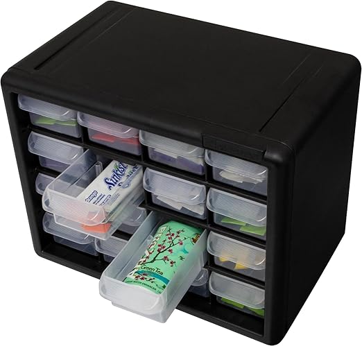 Akro-Mils 16-Drawer Plastic Drawer Storage Cabinet for Garage Organization, Beads, Makeup Organizer, Building Bricks Storage, Teacher Toolbox, 10-1/2" W x 6-1/2" D x 8-1/2" H, 10116 Black