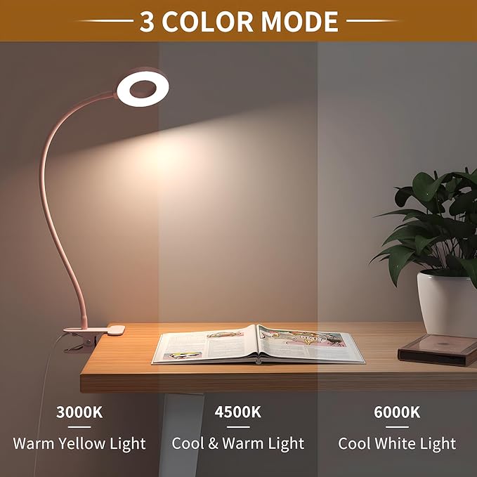iZELL Desk Lamp, LED Reading Light with Clamp, 3 Color Modes & 10 Brightness Flexible Arm Book Light for Kids Reading Book in Bed at Night Clip on Table, Computer, Zoom Meetings - 27.6‘’ Pink