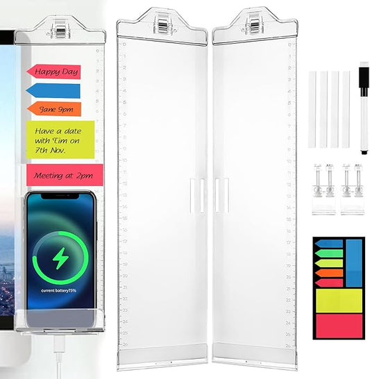 Monitor Memo Boards for Computer, Whole Transparent 2 Pack (Left & Right) Multifunction Acrylic Screen Message Reminder Pad Side Panel Phone Holder Organizer for Office Desktop, with Pen & Sticky Note