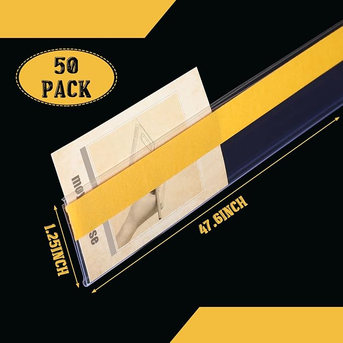 Fainne 50 Pcs Shelf Label Strips 1.25''H x 48 L Self Adhesive Shelf Label Holder Gondola Price Tag Stick on Plastic Clear Ticket Channel for Metal Wood Plastic Rack