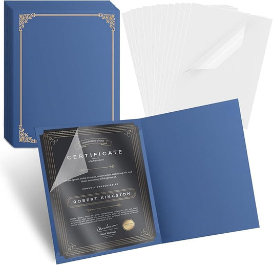 15 Pcs Certificate Holders 8.5 x 11 Additional 15 Pcs Plastic Film, Diploma Covers Gold Foil Border Certificate Holder for Letter Size 8.5x11 Cardstock,Certificates,Document Papers (Blue, 15 Sets)