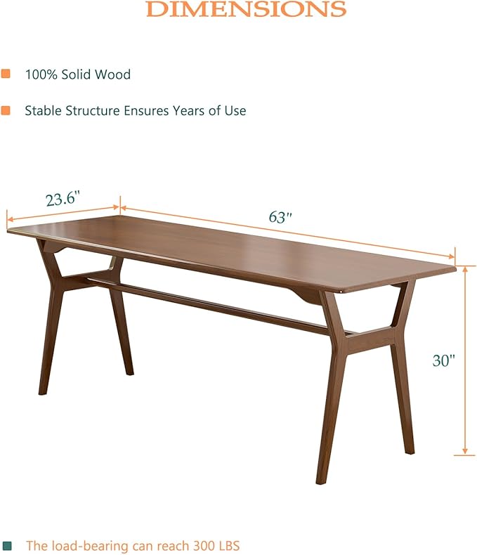 OSCHF Solid Wood Study Desk - 63" Double Long Computer Table for Home Office, 2-Person PC Workstation, Walnut