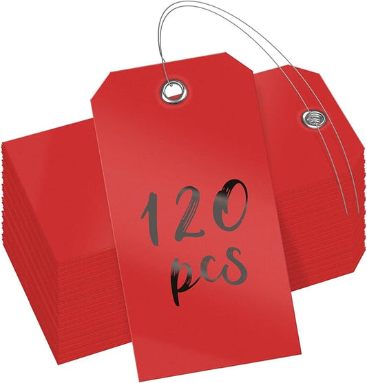 Uniclife 120 Pcs Red Plastic Tags for Labeling 4.7"x 2.36" Plastic Shipping Tag with Wire Writable Waterproof Tag Price Tags with Reinforced Eyelet Blank Hang Label for Luggage