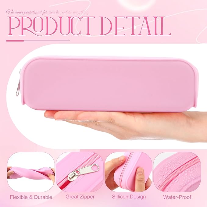Feifeiya 8 Pcs Silicone Pencil Case Pen Zipper Pouch Bags Aesthetic Back to School Gifts Stationery Travel Toiletry Makeup Coin Organizer Waterproof Valentines Galentines Party Favors (Pink)