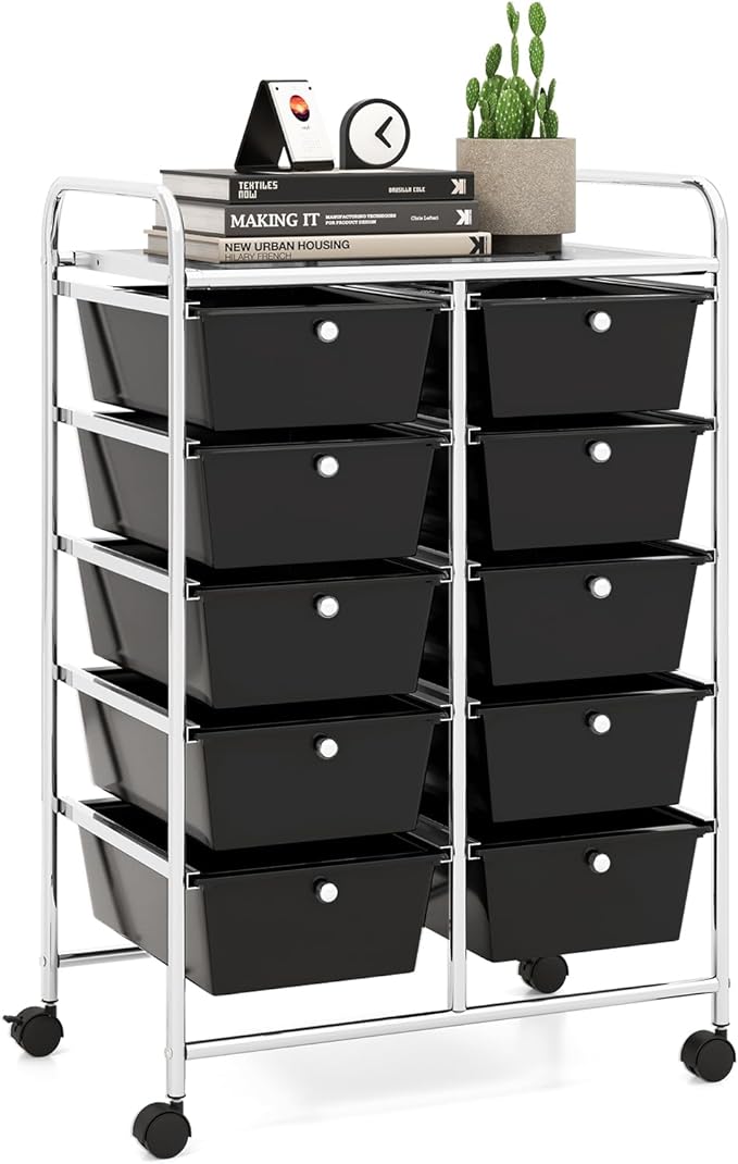 LDAILY 10 Drawer Rolling Cart, Storage Cart Organizer on Wheels, Drawer Cart with Metal Frame & Large Storage Capacity, Rolling Cart with Drawers for Living Room Classroom, Office
