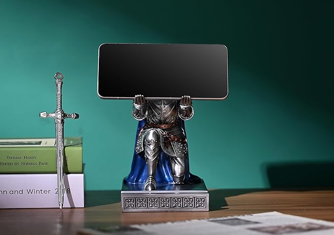 HDMbigmi King's Guard Leader Cloak Warrior Knight Pen Holder Mobile Phone Stand, Ornament Knight Statue, Pen Stand Paperweight for Office and Home (SilverBlue)