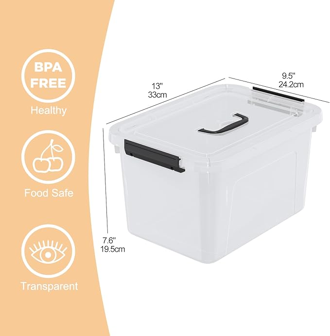 Drephia 10.5 Quart Clear Plastic Storage Box/Container with Handle, Plastic Storage Bin with Lid, 4 Packs