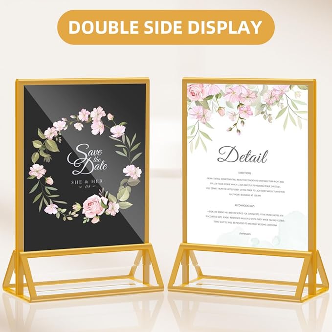 PPH-Sisy Acrylic Sign Holder 5x7 Gold Picture Frame Clear Acrylic Frames Display Stand Double Sided Table Menu Holders for Wedding Table Numbers Restaurant Photos (8 pcs)