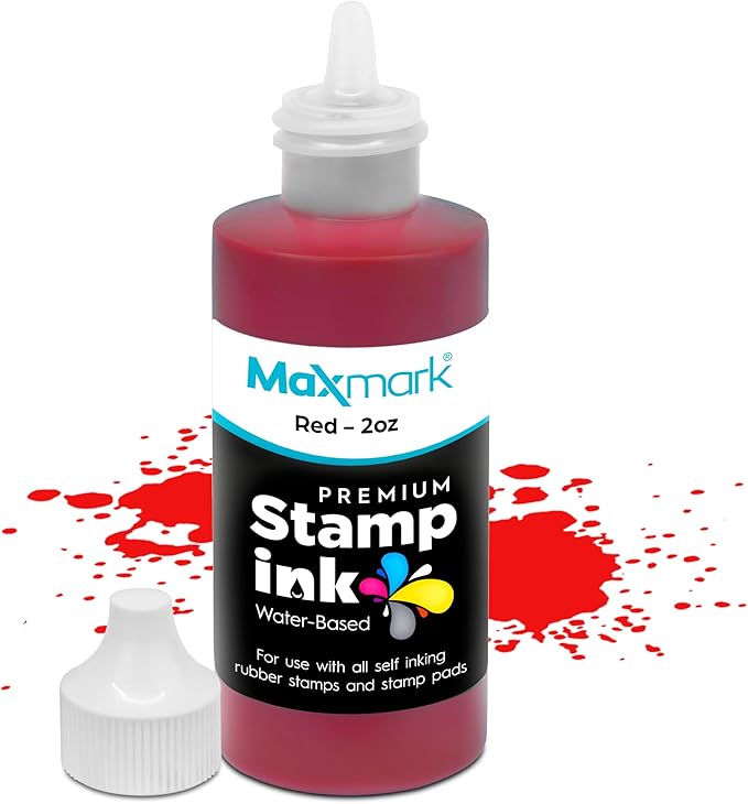 MaxMark Premium Refill Ink with Control Tip Bottle for Self-Inking Stamps, Red Color - 2 oz.