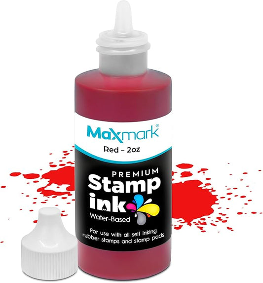 MaxMark Premium Refill Ink with Control Tip Bottle for Self-Inking Stamps, Red Color - 2 oz.