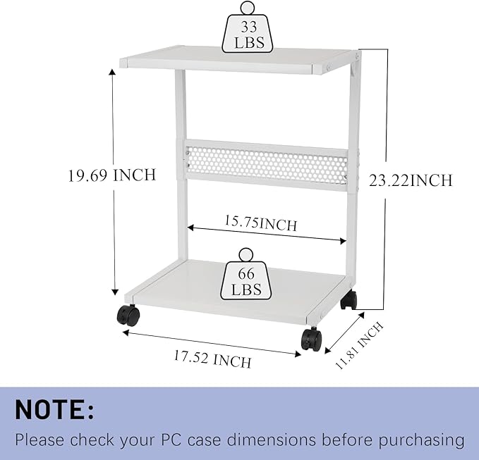 Bfttlity PC Stand Computer Tower Stand 2-Tier Metal CPU Holder with Locking Caster Wheels Suitable for Most PC (S,White)