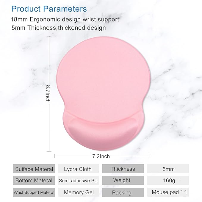 ITNRSIIET Ergonomic Mouse Pad with Gel Wrist Support Small Wrist Rest Smooth Surface Non-Slip PU Base Comfortable Office Supplies Pain Relief, 8.7 x 7.2 inches, Pink